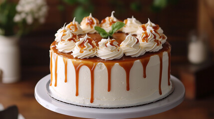 A beautiful caramel drip cake with white frosting and piped cream swirls on a white cake stand.