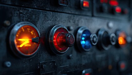 Illuminated Industrial Control Panel Gauges and Switches.