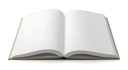 An open book with blank white pages lying flat on a white surface ready for writing or drawing on