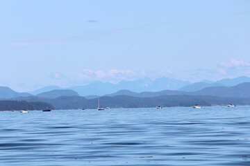 Boats trolling for salmon off Campbell River, with calm blue water and layered coastal mountains creating a peaceful summer fishing scene