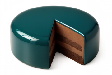 Round chocolate cake with teal mirror glaze, a slice cut out, showing the layers, isolated on transparent background