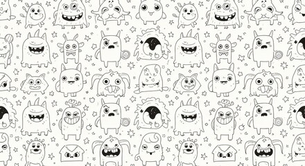 A seamless pattern of cute, hand-drawn red doodle monsters with various funny expressions on a light background.