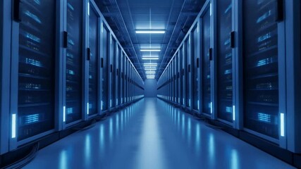 Navigating Data Center: Modern Servers in a Blue Lit Corridor
 - Powered by Adobe