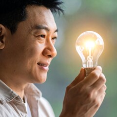 Man holds lightbulb, hopeful expression