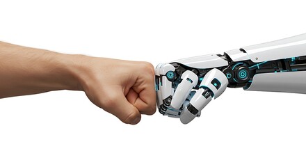 Human hand and robotic arm performing a fist bump, symbolizing collaboration and technological partnership.