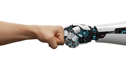 A human fist bumps a robotic fist, symbolizing collaboration and the integration of artificial intelligence with humanity on a white background.