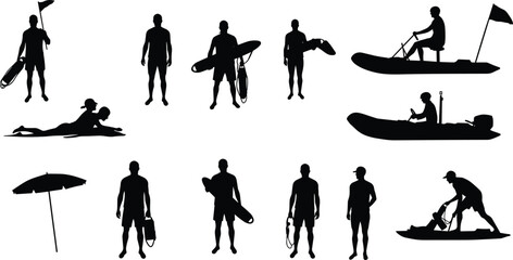 Silhouettes of lifeguards with rescue equipment, boats, surfboards, water safety, beach rescue, ocean safety, summer, aquatic lifeguard training