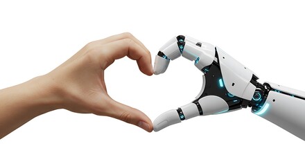 Human and robot hands forming a heart shape, symbolizing connection, collaboration, and the integration of humanity with artificial intelligence.