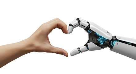 Human and robotic hands form a heart shape, symbolizing connection and collaboration between humanity and artificial intelligence.