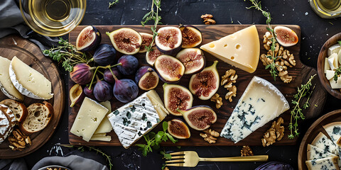 Gourmet cheese board with fresh figs, walnuts, and wine for an elegant appetizer
