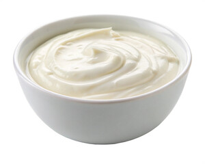 white cream or yogurt in white bowl isolated, Cutout