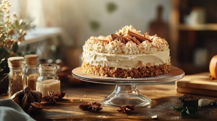 Deliciously Decorated Autumn Cake with Nuts and Cream on Stand