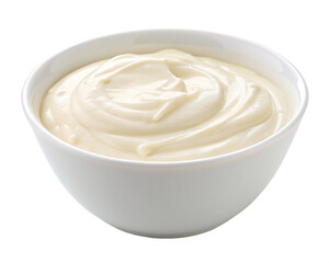 white cream or yogurt in white bowl isolated, Cutout