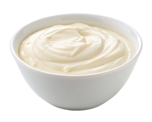 white cream or yogurt in white bowl isolated, Cutout