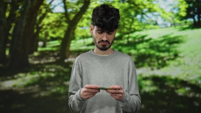 Man counting russian rubles in a park, surrounded by lush greenery, contemplating in the tranquil outdoor setting with thoughtful expression.