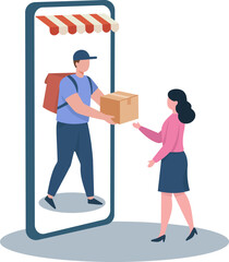 A courier delivers a package from a smartphone to a customer, illustrating online shopping, e-commerce, and fast home delivery service