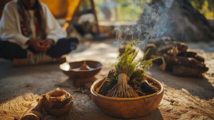 Shaman conducting a traditional smudging ceremony with smoking herbs for spiritual purification and healing.