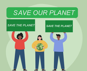 A diverse group of activists holds signs and a globe, uniting for environmental protection and urging global action to 