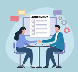 Business people shaking hands after signing an agreement. This illustration depicts a successful deal, partnership, negotiation, and collaboration