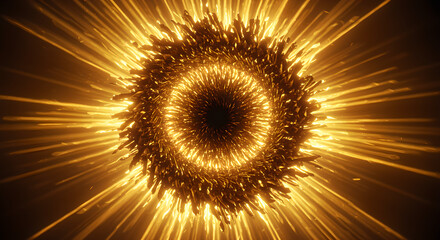 Abstract golden spiky ring with radiating light rays forming a bright, dynamic tunnel.