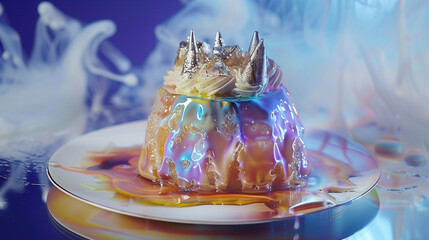 A fantastical iridescent dessert with a silver crown melts onto a plate amidst swirling white smoke against a dark blue background.