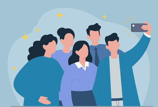 A group of colleagues or friends takes a selfie to capture a happy moment. This flat vector illustration symbolizes teamwork and shared memories