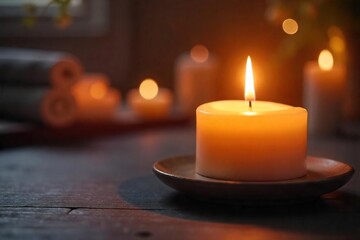 Close-up of a burning candle, soft candlelight illuminating the surrounding area, creating a warm and inviting atmosphere Perfect for relaxation, spa, or meditation themes , wax, burning, atmosphere