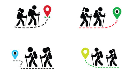 hiking and trekking icons with travelers and location pins in vector design
