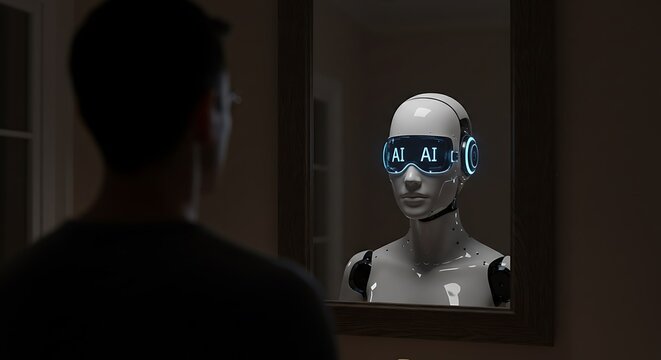 A person looks into a mirror, seeing their reflection as an AI robot with glowing 'AI' goggles, symbolizing human-AI interaction and future identity.