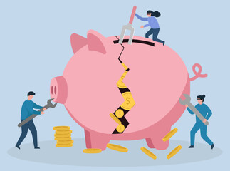 Thieves crack open a piggy bank, symbolizing financial crisis, theft, economic risk, and the vulnerability of savings