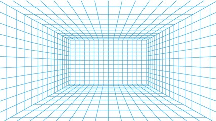 Retro neon grid room with glowing orange and pink lines, 3D perspective wireframe tunnel, futuristic digital space background, perfect for sci-fi, gaming, and virtual reality designs