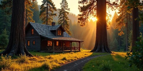 Rustic wooden ranch house nestled amongst towering redwood trees, bathed in the golden light of sunset  A tranquil scene of rural peace and serenity ,  building,  peaceful