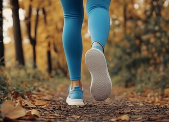 Close up of woman's legs in blue leggings and running shoes on trail, walking along forest path at sunny day. Closeup view with focus to feet. Sporty girl training outdoors. healthy lifestyle concept.