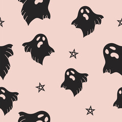 Autumn Halloween ghosts silhouette seamless pattern on pink background for packaging and decoration