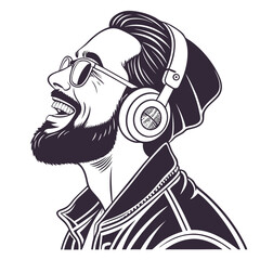 Smiling bearded man with wireless headphones and retro glasses.