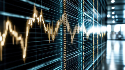 Financial data visualization shows fluctuating trend lines representing market analysis