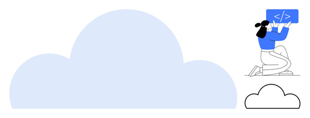 Person holding a code board near a large cloud illustration, symbolizing cloud computing, collaboration, and modern development. Ideal for technology, software, remote work, innovation, learning