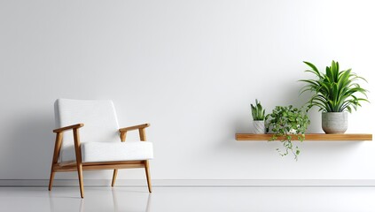 Minimalist White Room with Wooden Chair and Plants.