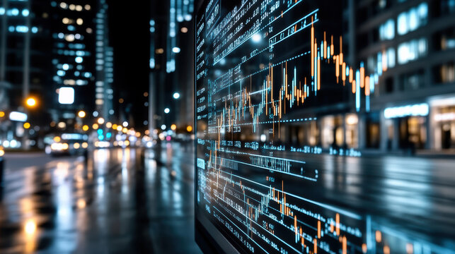 Digital chart displays financial data in urban setting at night, showcasing vibrant city lights