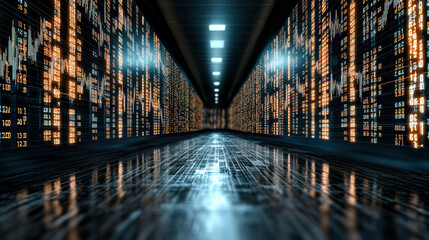 Digital corridor with glowing data streams and reflections floor creates futuristic atmosphere