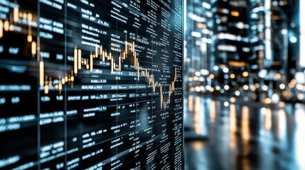 Financial data stock market trading graphs digital display city lights investment analysis