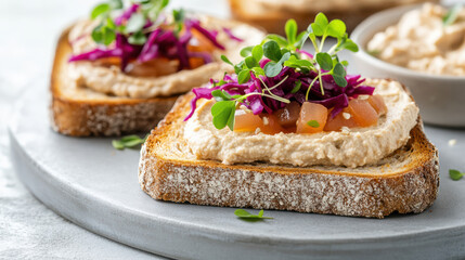 Creamy hummus spread on toasted grain bread topped with fresh vegetables and microgreens