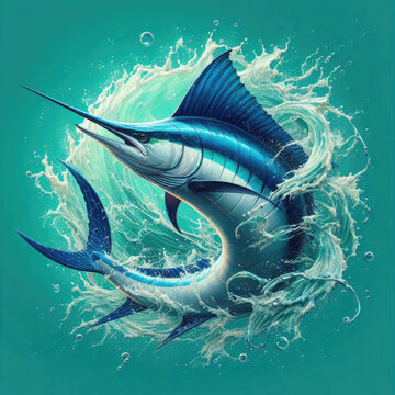 Powerful Atlantic blue marlin bursts from waves on teal canvas with dramatic splash. Suited for sport fishing outfits, tees, souvenirs, capturing angling thrill