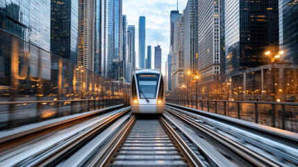 Obraz premium Modern train gliding through financial district, surrounded by skyscrapers and city lights