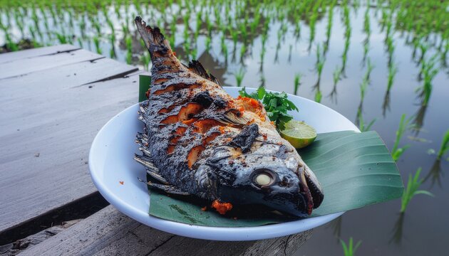 Ikan Bakar Manokwari, a traditional Indonesian grilled fish with spicy chili sauce and lime on a banana leaf, set against a rice paddy field