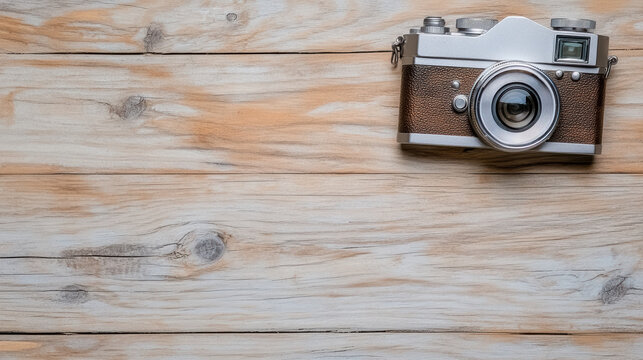 Vintage camera on wooden table, showcasing classic design and craftsmanship