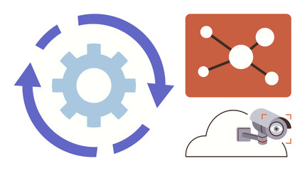 Gear with circular arrows portrays automation. Connected nodes symbolize networking. Cloud platform with a surveillance camera signifies data security and monitoring. Ideal for innovation