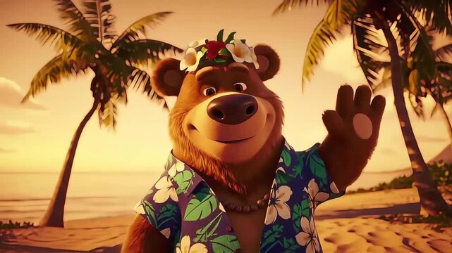 Animated bear character wearing a Hawaiian shirt and flower lei dancing on tropical beach at sunset