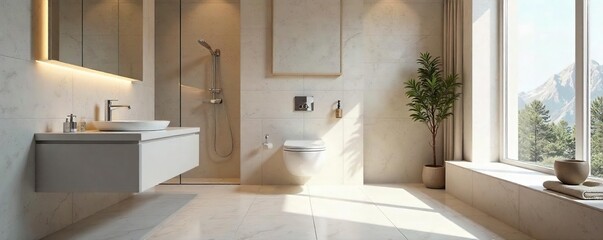 Modern minimalist bathroom with clean lines and luxurious fixtures, featuring a stylish toilet and sleek design elements , wellness, cleanliness