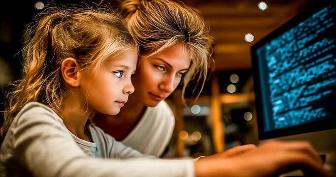 A teacher guiding a young girl on a computer in a coding lesson, digital code visible on screen, classroom tech lab,